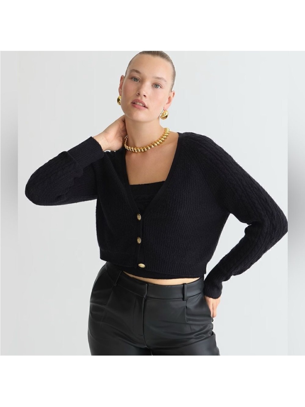 J. Crew Supersoft Cropped Cable Knit Sweater Tank Set L Black Gold Buttons Wool